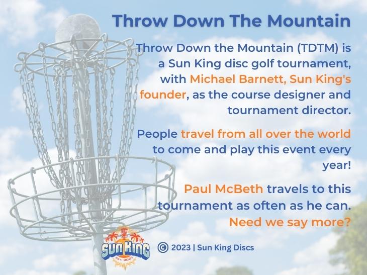 Image of a disc golf basket and text about throw down the mountain