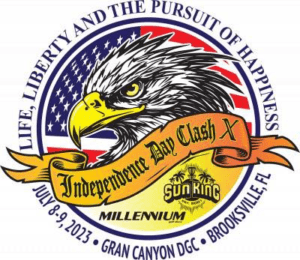 This graphic features the logo for the event 'Independence Day Clash' at the gran canyon disc golf course